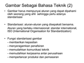 Gambar Sebagai Bahasa Teknik (2)
• Gambar harus mempunyai aturan yang dapat dipahami
oleh seorang yang ahli sehingga perlu adanya
standarisasi
• Standarisasi: aturan-aturan yang disepakati bersama.
Aturan yang berlaku internasional: standar international,
ISO (International Organisation for Standardization)
• Fungsi standarisasi gambar
- memberikan kepastian
- menyeragamkan penafsiran
- memudahkan komunikasi teknik
- memudahkan kerjasama antar perusahaan
- memperlancar produksi dan pemasaran
 