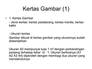 Kertas Gambar (1)
• 1. Kertas Gambar
- Jenis kertas: kertas padalarang, kertas manila, kertas
kalkir
- Ukuran kertas
Gambar dibuat di kertas gambar yang ukurannya sudah
distandarkan
Ukuran A0 mempunyai luas 1 m2 dengan perbandingan
panjang terhadap lebar √2 : 1. Ukuran berikutnya (A1
A2 A3 A4) diperoleh dengan membagi dua ukuran yang
mendahuluinya
 