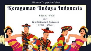 Keragaman Budaya Indonesia
Bhinneka Tunggal Ika Dalam
oleh :
Nur Siti Zulaikah Dwi Alami
226401140001
Kelas IV - IPAS
 
