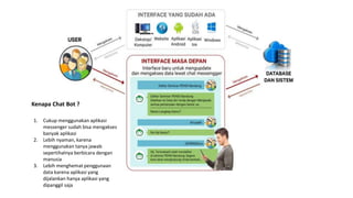 1. Cukup menggunakan aplikasi
messenger sudah bisa mengakses
banyak aplikasi
2. Lebih nyaman, karena
menggunakan tanya jawab
sepertihalnya berbicara dengan
manusia
3. Lebih menghemat penggunaan
data karena aplikasi yang
dijalankan hanya aplikasi yang
dipanggil saja
Kenapa Chat Bot ?
 