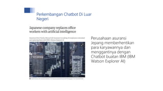 Perusahaan asuransi
Jepang memberhentikan
para karyawannya dan
menggantinya dengan
Chatbot buatan IBM (IBM
Watson Explorer AI)
Perkembangan Chatbot Di Luar
Negeri
 