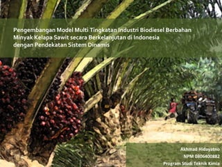 Pengembangan Model Multi Tingkatan Industri Biodiesel Berbahan
Minyak Kelapa Sawit secara Berkelanjutan di Indonesia
dengan Pendekatan Sistem Dinamis




                                                           Akhmad Hidayatno
                                                             NPM 0806400882
                                                    Program Studi Teknik Kimia
 