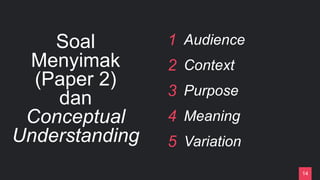 Soal
Menyimak
(Paper 2)
dan
Conceptual
Understanding
1 Audience
2 Context
3 Purpose
4 Meaning
5 Variation
14
 
