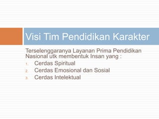 TerselenggaranyaLayanan Prima PendidikanNasionalutkmembentukInsan yang :Cerdas SpiritualCerdasEmosionaldanSosialCerdasIntelektualVisi Tim PendidikanKarakter