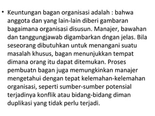 • Keuntungan bagan organisasi adalah : bahwa
anggota dan yang lain-lain diberi gambaran
bagaimana organisasi disusun. Manajer, bawahan
dan tanggungjawab digambarkan dngan jelas. Bila
seseorang dibutuhkan untuk menangani suatu
masalah khusus, bagan menunjukkan tempat
dimana orang itu dapat ditemukan. Proses
pembuatn bagan juga memungkinkan manajer
mengetahui dengan tepat kelemahan-kelemahan
organisasi, seperti sumber-sumber potensial
terjadinya konflik atau bidang-bidang diman
duplikasi yang tidak perlu terjadi.
 