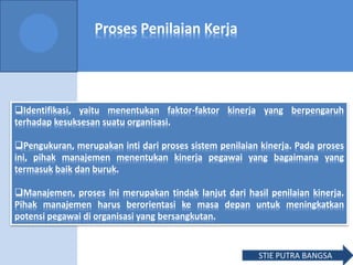 Proses Penilaian Kerja
Identifikasi, yaitu menentukan faktor-faktor kinerja yang berpengaruh
terhadap kesuksesan suatu organisasi.
Pengukuran, merupakan inti dari proses sistem penilaian kinerja. Pada proses
ini, pihak manajemen menentukan kinerja pegawai yang bagaimana yang
termasuk baik dan buruk.
Manajemen, proses ini merupakan tindak lanjut dari hasil penilaian kinerja.
Pihak manajemen harus berorientasi ke masa depan untuk meningkatkan
potensi pegawai di organisasi yang bersangkutan.
STIE PUTRA BANGSA
 