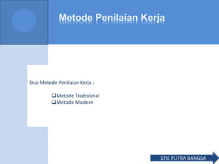 Metode Penilaian Kerja
Dua Metode Penilaian Kerja :
Metode Tradisional
Metode Modern
STIE PUTRA BANGSA
 