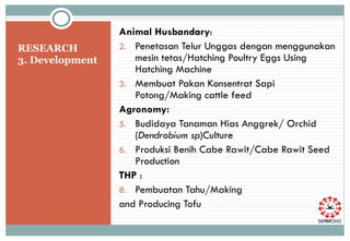 Animal Husbandary :  Penetasan Telur Unggas dengan menggunakan mesin tetas/Hatching Poultry Eggs Using Hatching Machine Membuat Pakan Konsentrat Sapi Potong/Making cattle feed Agronomy: Budidaya Tanaman Hias Anggrek/ Orchid ( Dendrobium sp )Culture Produksi Benih Cabe Rawit/Cabe Rawit Seed Production THP  :  Pembuatan Tahu/Making  and Producing Tofu RESEARCH  3. Development  