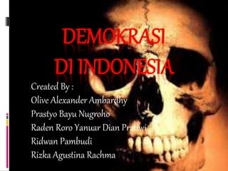 DEMOKRASI
DI INDONESIA
Created By :
Olive Alexander Ambardhy
Prastyo Bayu Nugroho
Raden Roro Yanuar Dian Pratiwi
Ridwan Pambudi
Rizka Agustina Rachma
 