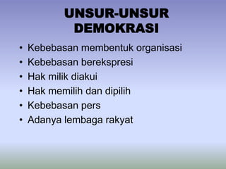 UNSUR-UNSUR
DEMOKRASI
•
•
•
•
•
•

Kebebasan membentuk organisasi
Kebebasan berekspresi
Hak milik diakui
Hak memilih dan dipilih
Kebebasan pers
Adanya lembaga rakyat

 