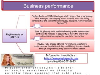 Business performance
Playboy Radio on
SIRIUS
Playboy Radio on SIRIUS features a full range of live programming
that leverages the company's vast array of assets including
personalities and elements from Playboy magazine, Playboy.com and
Playboy TV.
June 26, playboy radio has been burning up the airwaves and
continues to increase in popularity as more the one million
subscribers have opted to tune in to the station
Playboy radio choose SIRIUS for its home on satellite
radio, because they believed they could bring listeners break-
through programming they had never heard before
Information is available at
http://www.playboyradio.com
by calling 866-527-8633
P l a y b o y e n t e r p r i s e s ,i n c . i s b r a n d -
d r i v e n , i n t e r n a t i o n a l m u l t i m e d i a
e n t e r t a i n m e n t c o m p a n y t h a t p u b l i s h e s
 
