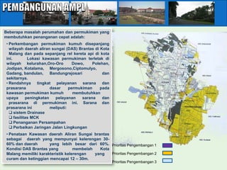 KONDISI PRASARANA & SARANA KECIPTAKARYAAN
SUB BIDANG PENGEMBANGAN PERMUKIMAN
Beberapa masalah perumahan dan permukiman yang
membutuhkan penanganan cepat adalah:
 • Perkembangan permukiman kumuh disepanjang
   wilayah daerah aliran sungai (DAS) Brantas di Kota
   Malang dan pada sepanjang rel kereta api di kota
 ini.        Lokasi kawasan permukiman terletak di
 wilayah kelurahan,Oro-Oro          Dowo,    Polehan,
 Jodipan, Kotalama, Mergosono,Ciptomulyo,
 Gadang, bandulan,      Bandungrejosari           dan
 sekitarnya.
 • Rendahnya tingkat pelayanan sarana dan
 prasarana              dasar     permukiman     pada
 kawasan permukiman kumuh           membutuhkan
 upaya      peningkatan    pelayanan    sarana    dan
   prasarana di permukiman ini. Sarana dan
 prasarana ini          meliputi:
    sistem Drainase
    fasilitas MCK
    Penanganan Persampahan
    Perbaikan Jaringan Jalan Lingkungan
 • Penataan Kawasan daerah Aliran Sungai brantas
 sebagai daerah yang mempunyai kelerengan 30-
 60% dan daerah       yang lebih besar dari 60%. Prioritas Pengembangan 1
 Kondisi DAS Brantas yang          membelah   Kota
 Malang memiliki karakteristik kelerengan   yang   Prioritas Pengembangan 2
 curam dan ketinggian mencapai 12 – 30m.
                                                        Prioritas Pengembangan 3
 