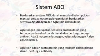 Sistem ABO
• Berdasarkan system ABO, darah manusia dikelompokkan
manjadi empat macam golongan darah berdasarkan
senyawa Aglutinogen dan Aglutinin dalam darah.
• Aglutinogen merupakan senyawa protein darah yang
terdapat pada sel-sel darah merah dan berfungsi sebagai
antigen. Ada 2 macam aglutinogen, yaitu aglutinogen A dan
aglutinogen B.
• Aglutinin adalah suatu protein yang terdapat dalam plasma
darah. Berfungsi antibody
 
