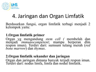 4. Jaringan dan Organ Limfatik
Berdasarkan fungsi, organ limfatik terbagi menjadi 2
kelompok yaitu:
1.Organ limfatik primer
Organ yg mengandung stem cell ( membelah dan
menjadi immunocompetent; mampu berperan dlm
respon imun). Terdiri dari: sumsum tulang merah (red
bone marrow) dan thymus.
2.Organ limfatik sekunder dan jaringan
Organ dan jaringan dimana banyak terjadi respon imun.
Terdiri dari: nodus limfa, limfa dan nodul limfatik.
11
 