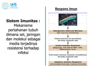 Respons Imun
Sistem Imunitas :
Mekanisme
pertahanan tubuh
dimana sel, jaringan
dan molekul sebagai
media terjadinya
resistensi terhadap
infeksi
 