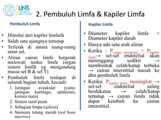 2. Pembuluh Limfa & Kapiler Limfa
• Dimulai dari kapiler limfatik
• Salah satu ujungnya tertutup
• Terletak di antara ruang-ruang
antar sel.
• Aliran cairan limfa bergerak
melewati nodus limfa (organ
sistem limfik yg mengandung
massa sel B & sel T)
• Pembuluh limfa terdapat di
seluruh bagian tubuh, kecuali:
1. Jaringan avaskular (yaitu:
jaringan kartilago, epidermis,
kornea mata)
2. Sistem saraf pusat
3. Sebagian limpa (spleen)
4. Sumsum tulang merah (red bone
marrow)
7
Pembuluh Limfa Kapiler Limfa
 Diameter kapiler limfa >
Diameter kapiler darah
 Hanya ada satu arah aliran
 Ketika : Pcairan interstitial > Pkapiler
limfa→ sel-sel endotelial akan
merenggang sedikit →
membentuk celah/katup terbuka
→ cairan interstitial masuk ke
dlm pembuluh limfa
 Ketika: Pkapiler limfa meningkat →
sel-sel endotelial saling
berdekatan → celah/katup
tertutup → cairan limfa tidak
dapat kembali ke cairan
interstitial.
 