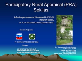 Participatory Rural Appraisal (PRA)
Sekilas
JL. Yos Sudarso Km. 8 Rumbai
Pekanbaru 28262
Phone: 62-761-53353
Fax: 62-761-53353
Email :lppm_unilak@yahoo.com
Rencana Kerjasama
PT CHEVRON PACIFIC INDONESIA
Dengan
LEMBAGA PENELITIAN DAN
PENGEMBANGAN MASYARAKAT
UNIVERSITAS LANCANG KUNING
•DalamRangkaImplementasiRekomendasiPILOTSTUDI
•PEMETAANSOSIAL
•DI KOTAPEKANBARUDANKABUPATENSIAK
 