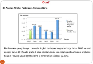 B. Analisis Tingkat Partisipasi Angkatan Kerja 
44 
Cont’ 
• Berdasarkan penghitungan rata-rata tingkat partisipasi angkatan kerja tahun 2008 sampai 
dengan tahun 2012 pada grafik di atas, diketahui nilai rata-rata tingkat partisipasi angkatan 
kerja di Provinsi Jawa Barat selama 5 (lima) tahun sebesar 62.88%. 
 