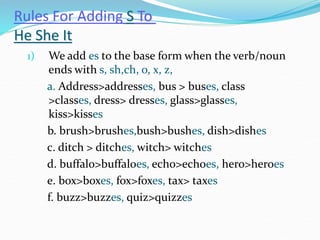 Rules For Adding S To
He She It
1) We add es to the base form when the verb/noun
ends with s, sh,ch, o, x, z,
a. Address>addresses, bus > buses, class
>classes, dress> dresses, glass>glasses,
kiss>kisses
b. brush>brushes,bush>bushes, dish>dishes
c. ditch > ditches, witch> witches
d. buffalo>buffaloes, echo>echoes, hero>heroes
e. box>boxes, fox>foxes, tax> taxes
f. buzz>buzzes, quiz>quizzes
 