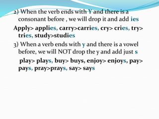 2) When the verb ends with Y and there is a
consonant before , we will drop it and add ies
Apply> applies, carry>carries, cry> cries, try>
tries, study>studies
3) When a verb ends with y and there is a vowel
before, we will NOT drop the y and add just s
play> plays, buy> buys, enjoy> enjoys, pay>
pays, pray>prays, say> says
 