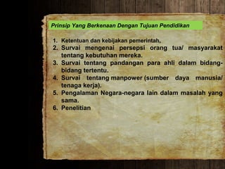 Prinsip Yang Berkenaan Dengan Tujuan Pendidikan
1. Ketentuan dan kebijakan pemerintah,
2. Survai mengenai persepsi orang tua/ masyarakat
tentang kebutuhan mereka.
3. Survai tentang pandangan para ahli dalam bidang-
bidang tertentu.
4. Survai tentang manpower (sumber daya manusia/
tenaga kerja).
5. Pengalaman Negara-negara lain dalam masalah yang
sama.
6. Penelitian
 