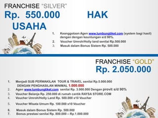 1. Menjadi SUB PERWAKILAN TOUR & TRAVEL senilai Rp.5.000.000
DENGAN PENGHASILAN MINIMAL 1.000.000
FRANCHISE “GOLD”
FRANCHISE “SILVER”
Rp. 2.050.000
Rp. 550.000 HAK
USAHA
1. Keanggotaan Agen www.lumbungtiket.com (system bagi hasil)
dengan dengan keuntungan s/d 90%.
2. Voucher Umroh/Holly land senilai Rp.500.000
3. Masuk dalam Bonus Sistem Rp. 500.000
6. Masuk dalam Bonus Sistem Rp. 500.000
7. Bonus prestasi senilai Rp. 800.000 – Rp.1.000.000
2. Agen www.lumbungtiket.com senilai Rp. 3.000.000 Dengan provit s/d 90%
3. Voucher Belanja Rp. 250.000 di rumah cantik RAYSA STORE.COM
4. Voucher Umroh/Holly Land Rp. 500.000 x10 Voucher
5. Voucher Wisata Umum Rp. 100.000 x10 Voucher
 