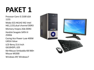 PAKET 1
Prosesor Core i3 2100 LGA
1155
Mobo ECS H61H2-M2 Intel
H61,1155,dual channel DDR3
Memory Visipro 2Gb DDR3
Hardisk Seagate SATA III
250Gb
Casing Ace Power Luxe 400W
LX01A Value
LCD Benq 15.6 Inch
G610HDPL LED
Kb+Mouse Simbadda KB 900+
Mouse MS300
Windows XP/ Windows7
 