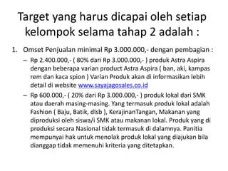 Target yang harus dicapai oleh setiap
kelompok selama tahap 2 adalah :
1. Omset Penjualan minimal Rp 3.000.000,- dengan pembagian :
– Rp 2.400.000,- ( 80% dari Rp 3.000.000,- ) produk Astra Aspira
dengan beberapa varian product Astra Aspira ( ban, aki, kampas
rem dan kaca spion ) Varian Produk akan di informasikan lebih
detail di website www.sayajagosales.co.id
– Rp 600.000,- ( 20% dari Rp 3.000.000,- ) produk lokal dari SMK
atau daerah masing-masing. Yang termasuk produk lokal adalah
Fashion ( Baju, Batik, dlsb ), KerajinanTangan, Makanan yang
diproduksi oleh siswa/i SMK atau makanan lokal. Produk yang di
produksi secara Nasional tidak termasuk di dalamnya. Panitia
mempunyai hak untuk menolak produk lokal yang diajukan bila
dianggap tidak memenuhi kriteria yang ditetapkan.
 