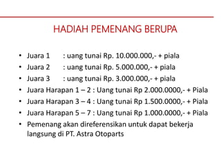 HADIAH PEMENANG BERUPA
• Juara 1 : uang tunai Rp. 10.000.000,- + piala
• Juara 2 : uang tunai Rp. 5.000.000,- + piala
• Juara 3 : uang tunai Rp. 3.000.000,- + piala
• Juara Harapan 1 – 2 : Uang tunai Rp 2.000.0000,- + Piala
• Juara Harapan 3 – 4 : Uang tunai Rp 1.500.0000,- + Piala
• Juara Harapan 5 – 7 : Uang tunai Rp 1.000.0000,- + Piala
• Pemenang akan direferensikan untuk dapat bekerja
langsung di PT. Astra Otoparts
 
