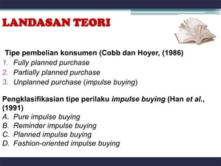 LANDASAN TEORI

 Tipe pembelian konsumen (Cobb dan Hoyer, (1986)
1. Fully planned purchase
2. Partially planned purchase
3. Unplanned purchase (impulse buying)

Pengklasifikasian tipe perilaku impulse buying (Han et al.,
(1991)
A. Pure impulse buying
B. Reminder impulse buying
C. Planned impulse buying
D. Fashion-oriented impulse buying
 