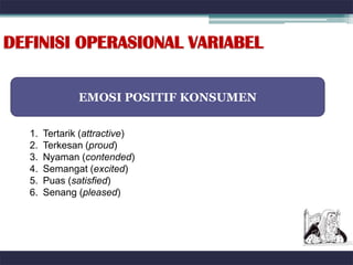 DEFINISI OPERASIONAL VARIABEL


               EMOSI POSITIF KONSUMEN


  1.   Tertarik (attractive)
  2.   Terkesan (proud)
  3.   Nyaman (contended)
  4.   Semangat (excited)
  5.   Puas (satisfied)
  6.   Senang (pleased)
 