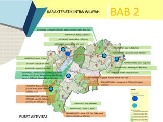 BAB 2KARAKTERISTIK INTRA WILAYAH
POTENSI KOMODITAS PERTANIAN
Peta Hasil Overlay Kepadatan
Penduduk dan Analisis Schalogram
JATIPURNO : Cengkeh (116 ton), Kakao (100 ton), Mete (680 Ton)
GIRIMARTO : Kakao (130 ton)
JATISRONO : Jambu Mete (782 ton)
SIDOHARJO : Jambu Mete (818 ton)
NGADIROJO : Kakao (115 ton), Mete (1.712 ton)
Ubi kayu (947,5 kwt), Kacang Tanah (66.160 kwt)
Jamur (1.768 kwt), Kacang Merah (495 kwt)
MANYARAN : Jarak (2 ton)
SELOGIRI : Sapi (8.795 ekor)
WONOGIRI : Jamur (1.984 kwt)
EROMOKO : Kapas (37 ton), Sapi
(13.200 ekor), ayam kamoung
(189.153 ekor)
PRACIMANTORO : Ubi kayu
(978.500), sapi (13.162 ekor),
Kambing (65.007 ekor)
PARANGGUPITO : Jarak (2,5 Ton), Cabe Jamu
(468 ton), Klp Deres (292 ton)
GIRITANTORO : Jarak (1,8 ton)
GIRIWOYO : Sapi (949 ekor)
BATUWARNO : Anggrek, Kacang Merah (460 kwt)
KARANGTENGAH : Janggelan (2.238 ton), Cengkeh
(155 ton)
TAIROTO : Jambu Mete (975 ton)
KISMANTORO : Kambing (67.846 ekor)
PURWANTORO : Jarak (1,8 ton)
SLOGOHIMO : Ayam Kpg (245.000 ekor)
BULUKERTO : Sapi (8.913 ekor)
PUSAT AKTIVITAS
 
