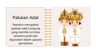 Pepadun merupakan
pakaian adat Lampung
yang memiliki ciri khas
berwana putih dan
digunakan dalam upacara
pernikahan
Pakaian Adat
 
