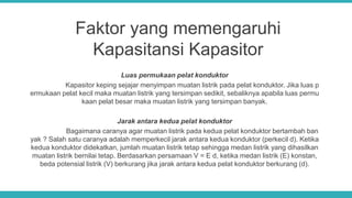 Faktor yang memengaruhi
Kapasitansi Kapasitor
Luas permukaan pelat konduktor
Kapasitor keping sejajar menyimpan muatan listrik pada pelat konduktor. Jika luas p
ermukaan pelat kecil maka muatan listrik yang tersimpan sedikit, sebaliknya apabila luas permu
kaan pelat besar maka muatan listrik yang tersimpan banyak.
Jarak antara kedua pelat konduktor
Bagaimana caranya agar muatan listrik pada kedua pelat konduktor bertambah ban
yak ? Salah satu caranya adalah memperkecil jarak antara kedua konduktor (perkecil d). Ketika
kedua konduktor didekatkan, jumlah muatan listrik tetap sehingga medan listrik yang dihasilkan
muatan listrik bernilai tetap. Berdasarkan persamaan V = E d, ketika medan listrik (E) konstan,
beda potensial listrik (V) berkurang jika jarak antara kedua pelat konduktor berkurang (d).
 