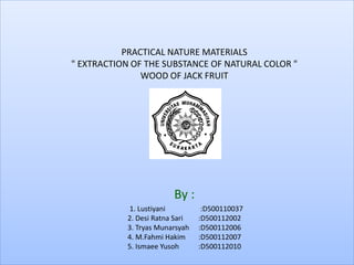 PRACTICAL NATURE MATERIALS
" EXTRACTION OF THE SUBSTANCE OF NATURAL COLOR "
WOOD OF JACK FRUIT
By :
1. Lustiyani :D500110037
2. Desi Ratna Sari :D500112002
3. Tryas Munarsyah :D500112006
4. M.Fahmi Hakim :D500112007
5. Ismaee Yusoh :D500112010
 