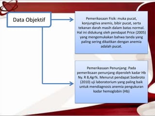 Data Objektif Pemerikasaan Fisik: muka pucat,
konjungtiva anemis, bibir pucat, serta
tekanan darah masih dalam batas normal.
Hal ini didukung oleh pendapat Price (2005)
yang mengemukakan bahwa tanda yang
paling sering dikaitkan dengan anemia
adalah pucat.
Pemerikasaan Penunjang: Pada
pemeriksaan penunjang diperoleh kadar Hb
Ny. R 8,4gr%. Menurut pendapat Soebroto
(2010) uji laboratorium yang paling baik
untuk mendiagnosis anemia pengukuran
kadar hemoglobin (Hb)
 