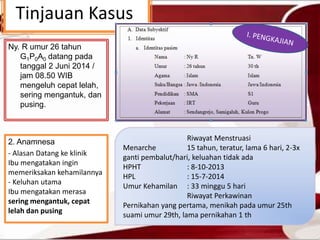 Tinjauan Kasus
Ny. R umur 26 tahun
G1P0A0 datang pada
tanggal 2 Juni 2014 /
jam 08.50 WIB
mengeluh cepat lelah,
sering mengantuk, dan
pusing.
2. Anamnesa
- Alasan Datang ke klinik
Ibu mengatakan ingin
memeriksakan kehamilannya
- Keluhan utama
Ibu mengatakan merasa
sering mengantuk, cepat
lelah dan pusing
Riwayat Menstruasi
Menarche 15 tahun, teratur, lama 6 hari, 2-3x
ganti pembalut/hari, keluahan tidak ada
HPHT : 8-10-2013
HPL : 15-7-2014
Umur Kehamilan : 33 minggu 5 hari
Riwayat Perkawinan
Pernikahan yang pertama, menikah pada umur 25th
suami umur 29th, lama pernikahan 1 th
 