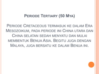 PERIODE TERTIARY (50 MYA) 
PERIODE CRETACEOUS TERMASUK KE DALAM ERA 
MESOZOIKUM, PADA PERIODE INI CHINA UTARA DAN 
CHINA SELATAN SEDAH MENYATU DAN MULAI 
MEMBENTUK BENUA ASIA. BEGITU JUGA DENGAN 
MALAYA, JUGA BERSATU KE DALAM BENUA INI. 
 