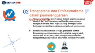 URAIAN MISI
Transparansi dan Profesionalisme
dalam penyelenggaraan
pemerintahan
02
a. Transparansi atau keterbukaan berart...