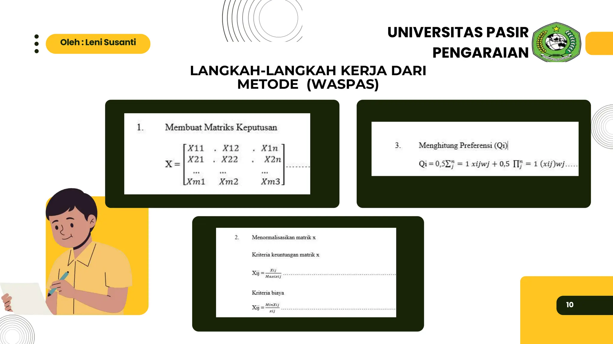 LANGKAH-LANGKAH KERJA DARI
METODE (WASPAS)
10
Oleh : Leni Susanti
UNIVERSITAS PASIR
PENGARAIAN
 