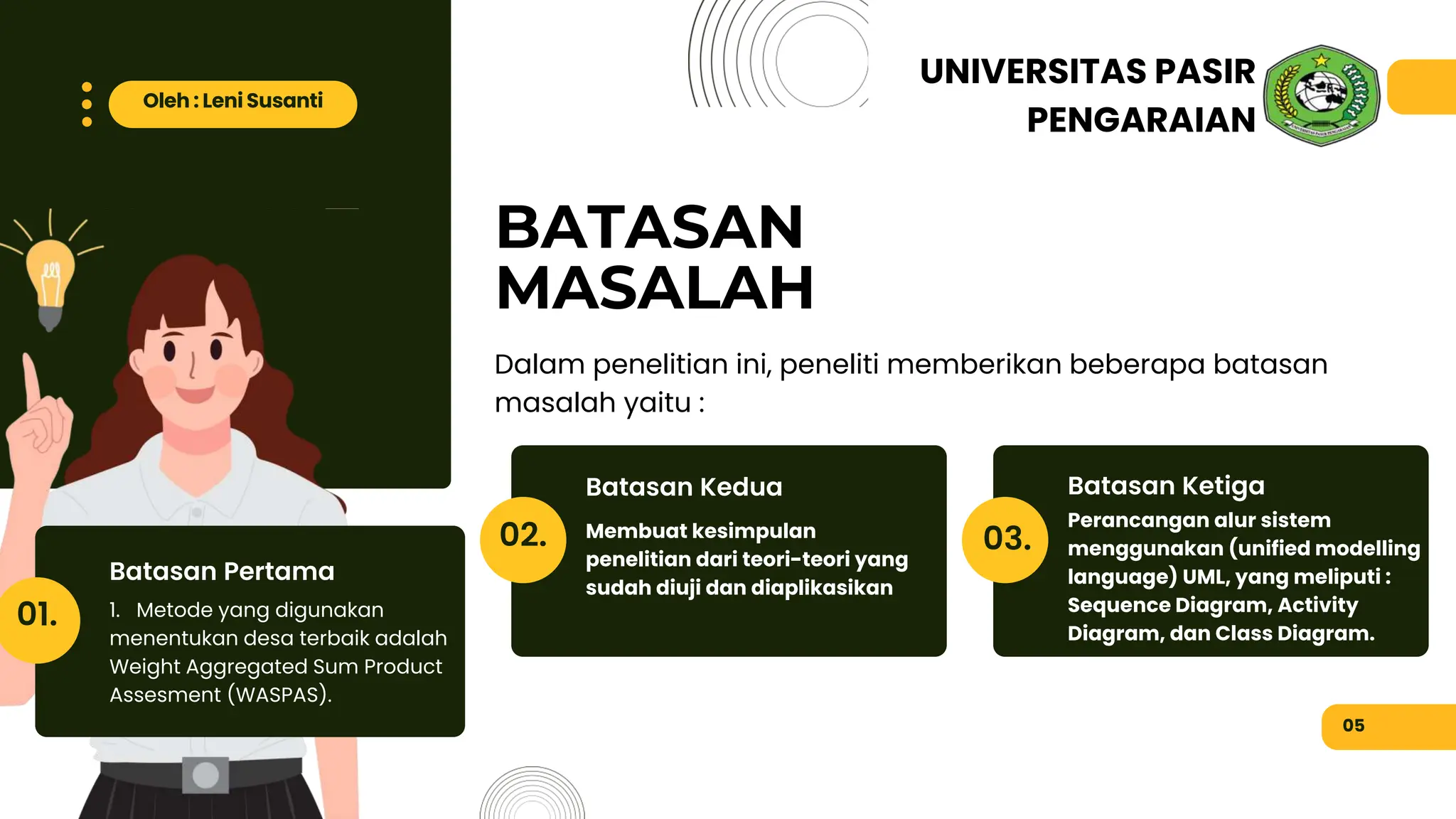 Batasan Pertama
1. Metode yang digunakan
menentukan desa terbaik adalah
Weight Aggregated Sum Product
Assesment (WASPAS).
BATASAN
MASALAH
Membuat kesimpulan
penelitian dari teori-teori yang
sudah diuji dan diaplikasikan
Perancangan alur sistem
menggunakan (unified modelling
language) UML, yang meliputi :
Sequence Diagram, Activity
Diagram, dan Class Diagram.
Batasan Kedua Batasan Ketiga
Dalam penelitian ini, peneliti memberikan beberapa batasan
masalah yaitu :
05
Oleh : Leni Susanti
UNIVERSITAS PASIR
PENGARAIAN
01.
02. 03.
 