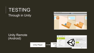 TESTING
Through in Unity
Unity Remote
(Android)
Unity Player
Unity Remote
(Android)
Play on android
device without
install the game
 