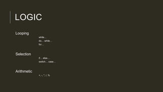 LOGIC
Looping
while…
do… while…
for…
Selection
if… else…
switch… case…
Arithmetic
+, -, *, /, %
 
