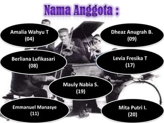 Amalia Wahyu T                         Dheaz Anugrah B.
                                       Dheaz AnugrahB.
     (04)                                    (09)


Berliana Lufikasari                    Levia Fresika TT
                                       Levia Fresika
       (08)                                 (17)
                                            (17)


                      Mauly Nabia S.
                          (19)

Emmanuel Manasye                         Mita Putri I.
     (11)                                   (20)
 