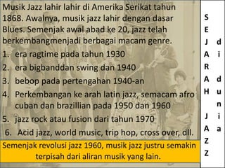 Musik Jazz lahir lahir di Amerika Serikat tahun
1868. Awalnya, musik jazz lahir dengan dasar             S
Blues. Semenjak awal abad ke 20, jazz telah              E
berkembangmenjadi berbagai macam genre.                  J   d
1. era ragtime pada tahun 1930                           A   i
2. era bigbanddan swing dan 1940                         R
3. bebop pada pertengahan 1940-an                        A
                                                         d
4. Perkembangan ke arah latin jazz, semacam afro         H
                                                         u
    cuban dan brazillian pada 1950 dan 1960              n
5. jazz rock atau fusion dari tahun 1970               J i
 6. Acid jazz, world music, trip hop, cross over, dll. A a
                                                       Z
Semenjak revolusi jazz 1960, musik jazz justru semakin
        terpisah dari aliran musik yang lain.          Z
 
