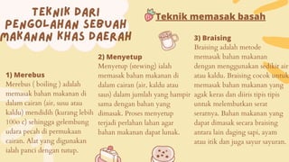 Teknik Dari
Pengolahan Sebuah
Makanan Khas Daerah
2) Menyetup
Menyetup (stewing) ialah
memasak bahan makanan di
dalam cairan (air, kaldu atau
saus) dalam jumlah yang hampir
sama dengan bahan yang
dimasak. Proses menyetup
terjadi perlahan lahan agar
bahan makanan dapat lunak.
Teknik memasak basah
1) Merebus
Merebus ( boiling ) adalah
memasak bahan makanan di
dalam cairan (air, susu atau
kaldu) mendidih (kurang lebih
100o c) sehingga gelembung
udara pecah di permukaan
cairan. Alat yang digunakan
ialah panci dengan tutup.
3) Braising
Braising adalah metode
memasak bahan makanan
dengan menggunakan sedikit air
atau kaldu. Braising cocok untuk
memasak bahan makanan yang
agak keras dan diiris tipis tipis
untuk melembutkan serat
seratnya. Bahan makanan yang
dapat dimasak secara braising
antara lain daging sapi, ayam
atau itik dan juga sayur sayuran.
 