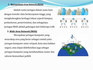 2. Metropolitant Area Network (MAN)
Adalah suatu jaringan dalam suatu kota
dengan transfer data berkecepatan tinggi, yang
menghubungkan berbagai lokasi seperti kampus,
perkantoran, pemerintahan, dan sebagainya.
Jaringan MAN adalah gabungan dari beberapa LAN.
3. Wide Area Network (WAN)
Merupakan jaringan komputer yang
mencakup area yang besar sebagai contoh yaitu
jaringan komputer antar wilayah, kota atau bahkan
negara, atau dapat didefinisikan juga sebagai
jaringan komputer yang membutuhkan router dan
saluran komunikasi publik
 