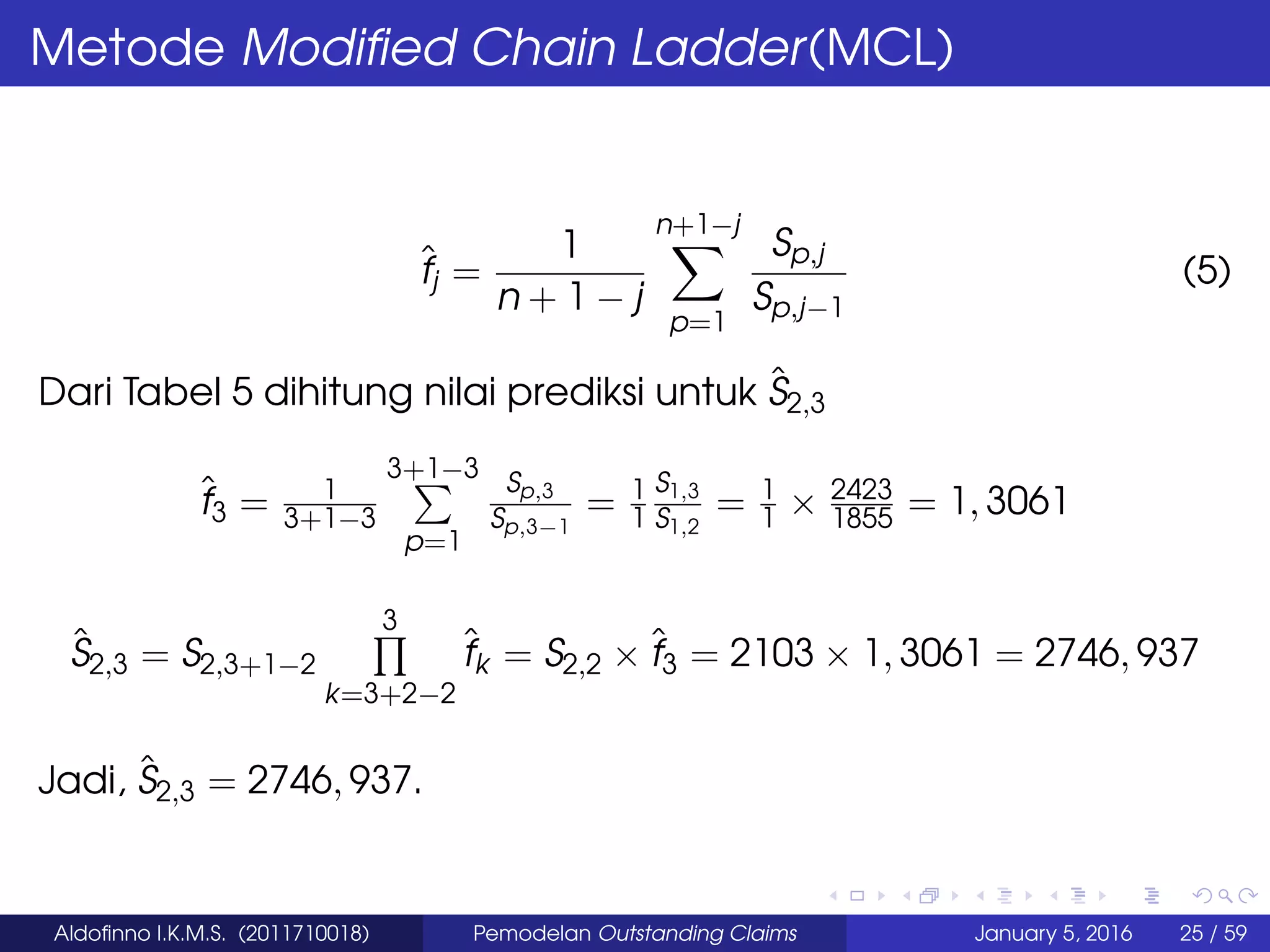 Metode Modiﬁed Chain Ladder(MCL)
ˆfj =
1
n + 1 − j
n+1−j
p=1
Sp,j
Sp,j−1
(5)
Dari Tabel 5 dihitung nilai prediksi untuk ˆS2,3
ˆf3 = 1
3+1−3
3+1−3
p=1
Sp,3
Sp,3−1
= 1
1
S1,3
S1,2
= 1
1 × 2423
1855 = 1, 3061
ˆS2,3 = S2,3+1−2
3
k=3+2−2
ˆfk = S2,2 × ˆf3 = 2103 × 1, 3061 = 2746, 937
Jadi, ˆS2,3 = 2746, 937.
Aldoﬁnno I.K.M.S. (2011710018) Pemodelan Outstanding Claims January 5, 2016 25 / 59
 