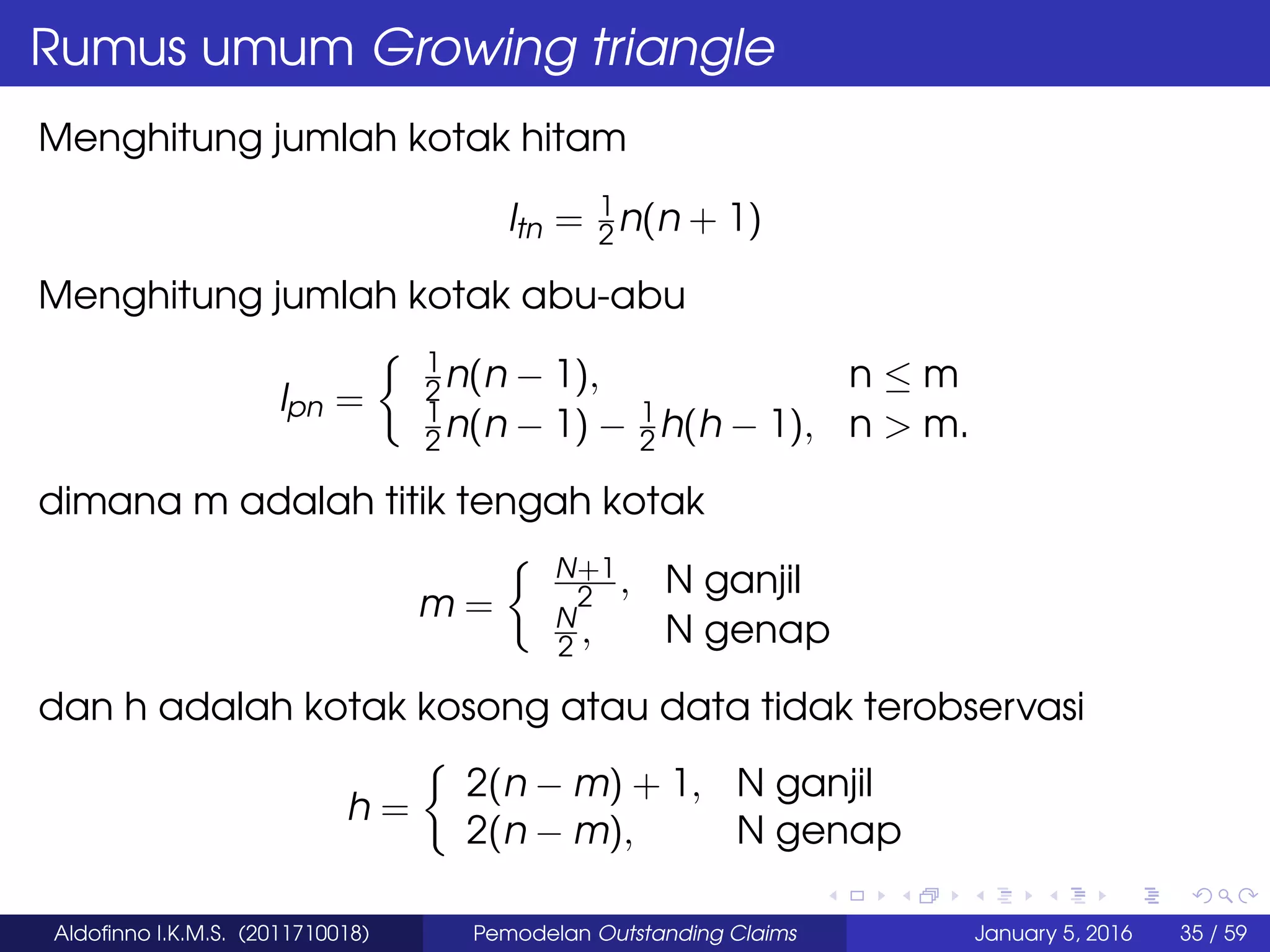 Rumus umum Growing triangle
Menghitung jumlah kotak hitam
ltn = 1
2 n(n + 1)
Menghitung jumlah kotak abu-abu
lpn =
1
2 n(n − 1), n ≤ m
1
2 n(n − 1) − 1
2 h(h − 1), n > m.
dimana m adalah titik tengah kotak
m =
N+1
2 , N ganjil
N
2 , N genap
dan h adalah kotak kosong atau data tidak terobservasi
h =
2(n − m) + 1, N ganjil
2(n − m), N genap
Aldoﬁnno I.K.M.S. (2011710018) Pemodelan Outstanding Claims January 5, 2016 35 / 59
 