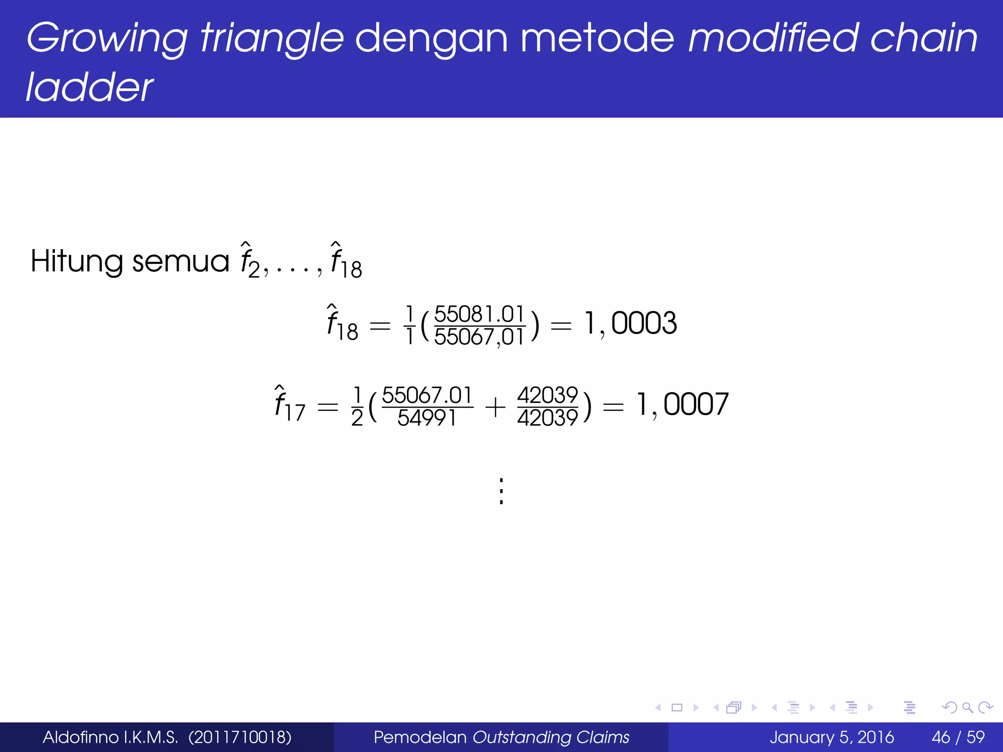 Growing triangle dengan metode modiﬁed chain
ladder
Hitung semua ˆf2, . . . ,ˆf18
ˆf18 = 1
1 (55081.01
55067,01) = 1, 0003
ˆf17 = 1
2 (55067.01
54991 + 42039
42039 ) = 1, 0007
...
Aldoﬁnno I.K.M.S. (2011710018) Pemodelan Outstanding Claims January 5, 2016 46 / 59
 